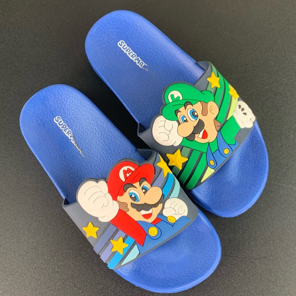 Nintendo Kids Blue Slide Sandals Featuring Mario and Luigi.